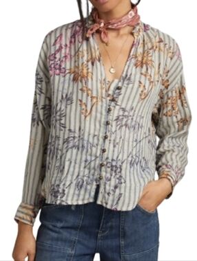 Pilcro Tavi Ruffled Striped Floral Button Down Top Cream Blue Anthropology 1X